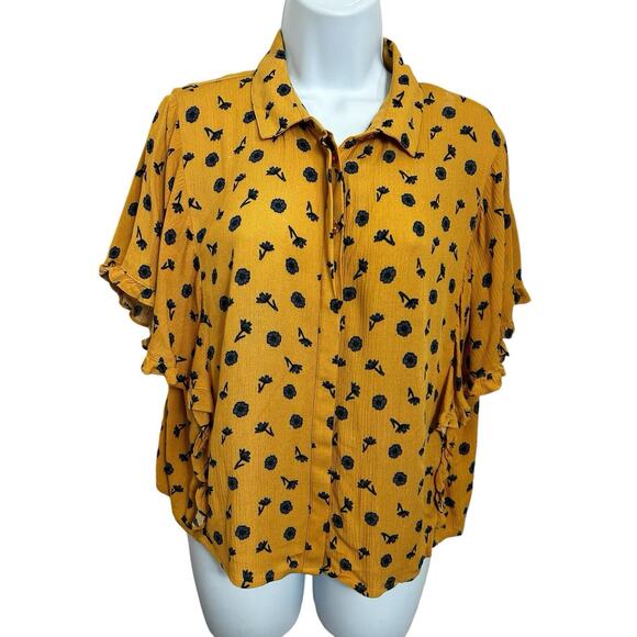 Elodie Mustard Yellow Floral Button Front Top Sz Large Dolman Sleeve Blouse - Picture 1 of 6